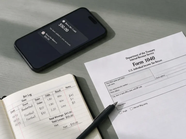 Phone showing a sportsbook bonus bet credit next to a US tax form and a handwritten betting log
