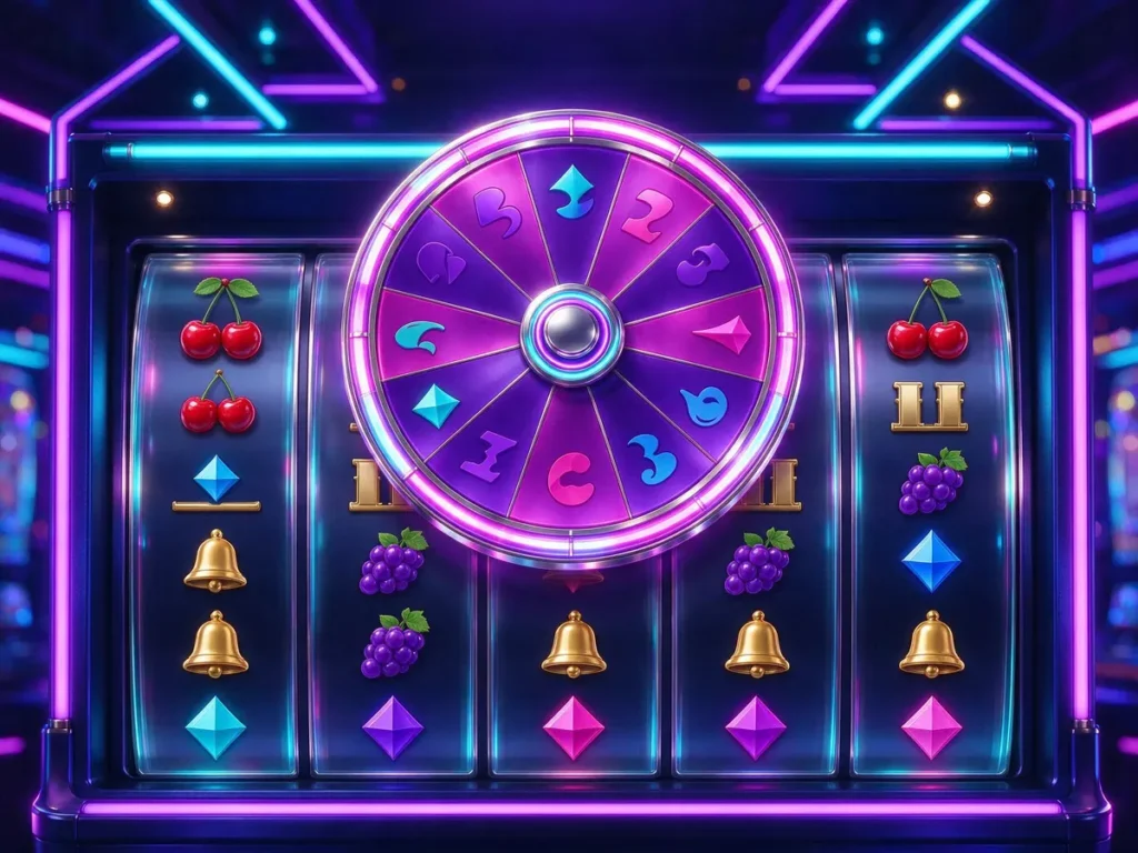 Neon slot game screen showing a segmented bonus wheel above reels of classic casino symbols