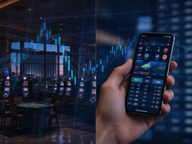 Las Vegas casino floor contrasted with a mobile sportsbook app, illustrating Caesars' Q3 2026 segment divergence