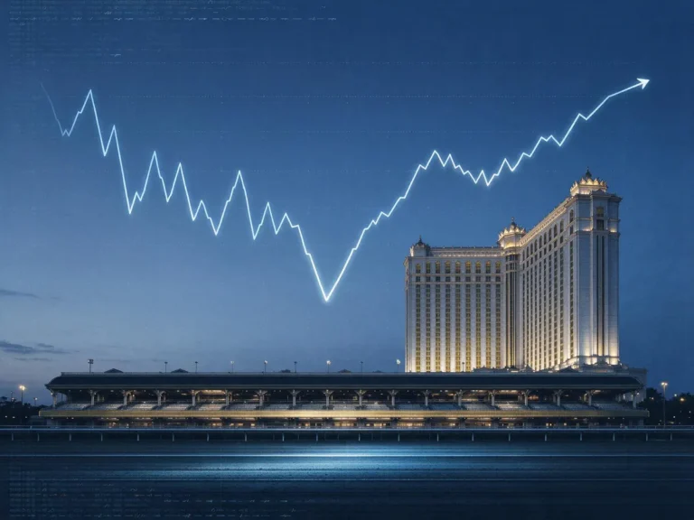 Stock chart overlaid on a racetrack grandstand and casino tower, illustrating casino stock buybacks