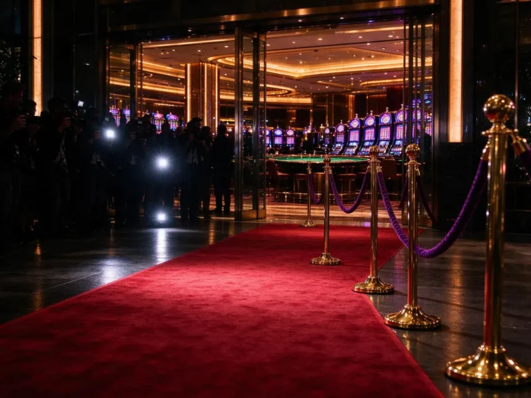 Red carpet entrance to a newly opened casino floor with press photographers waiting