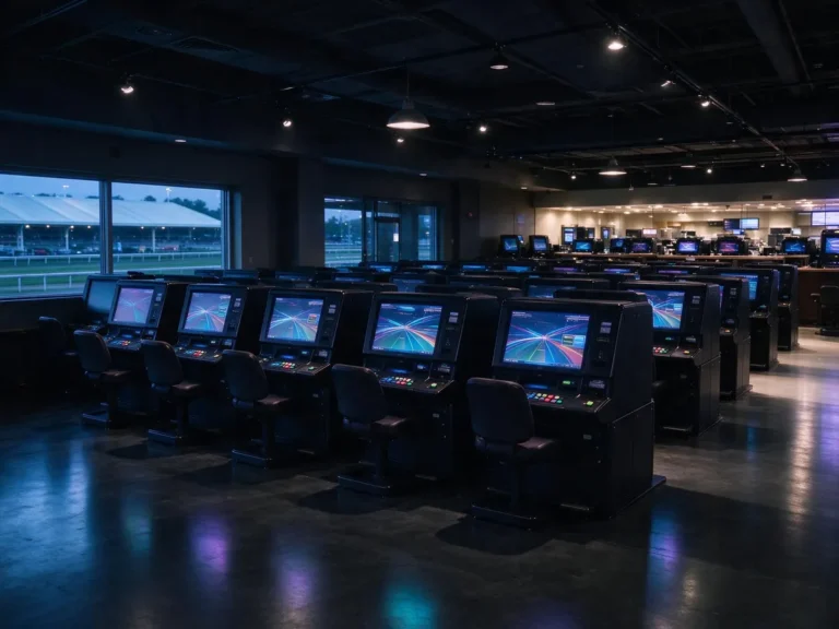 Row of historical horse racing machines on a regional gaming floor