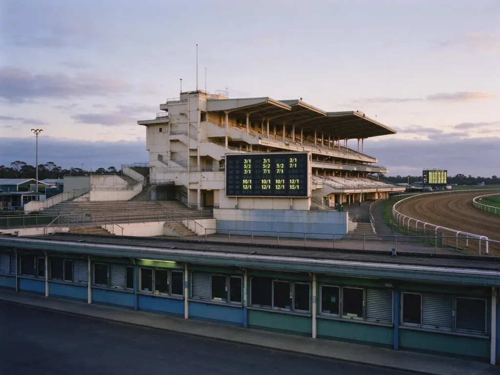 Tote board showing pari-mutuel odds at a thoroughbred racetrack grandstand