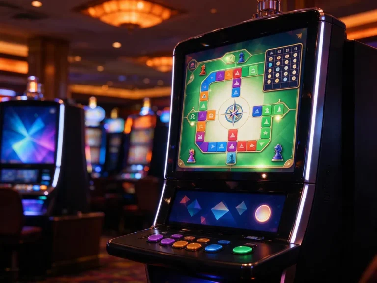 Slot cabinet showing board-game style reels with a small bingo card panel in the corner