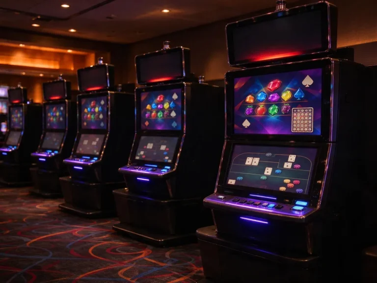 Slot machine cabinets on a tribal casino floor with a bingo card icon on one screen