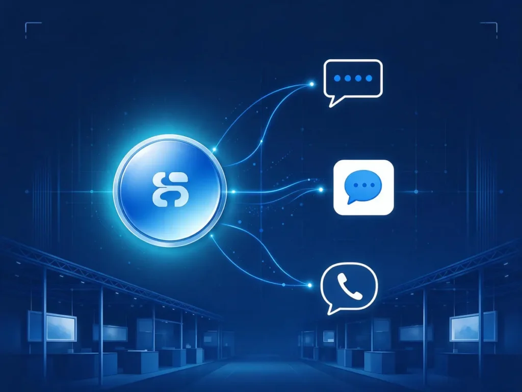 Illustration of a consolidated messaging hub linking SMS, messenger and flash call channels for betting operators