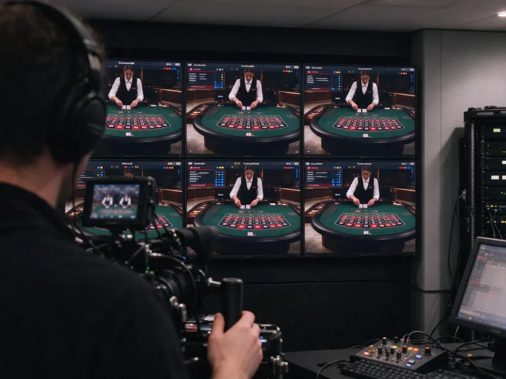 Live casino studio with monitors showing the same game table in several languages
