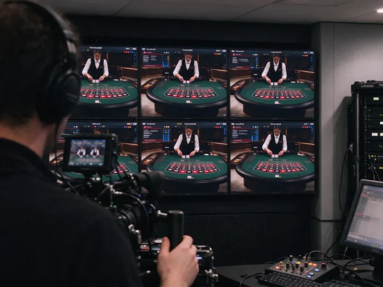 Live casino studio with monitors showing the same game table in several languages