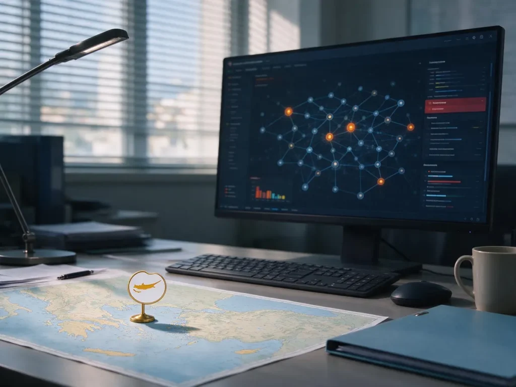 Monitor displaying a network of flagged gambling domains in a regulatory office, representing AI illegal gambling detection in Cyprus