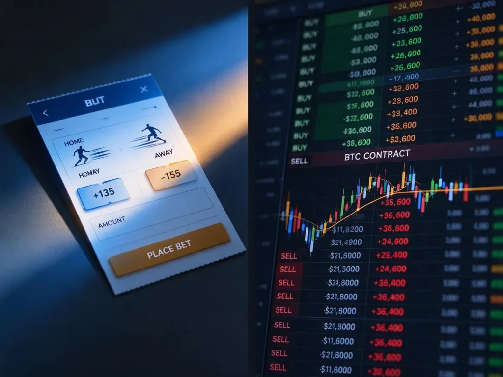 Sports betting slip beside a Bitcoin price contract order book, illustrating crypto event contracts versus traditional sports bets