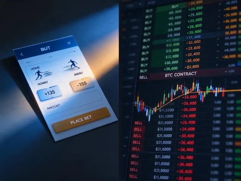 Sports betting slip beside a Bitcoin price contract order book, illustrating crypto event contracts versus traditional sports bets