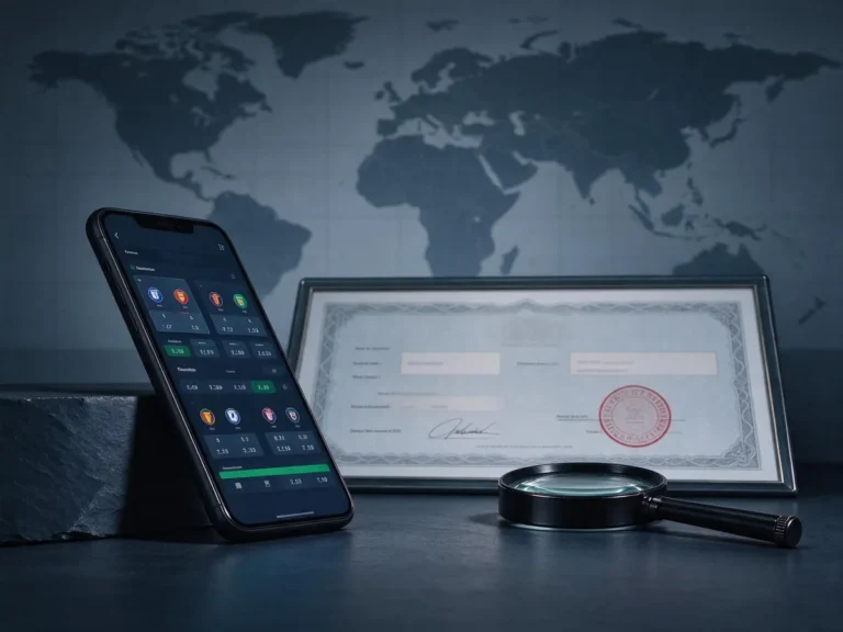 Smartphone with a betting app next to a stamped gambling licence document and magnifying glass