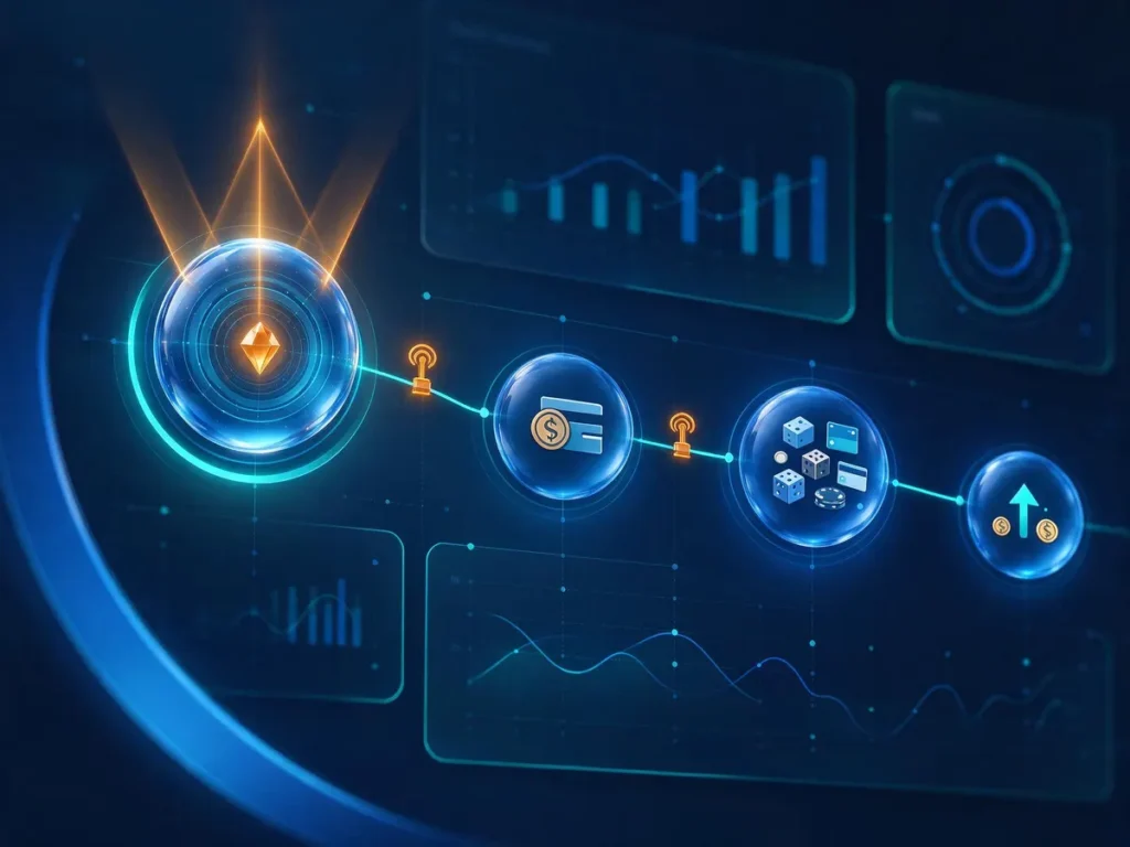 Illustration of a player lifecycle timeline with risk signals detected at account creation rather than at withdrawal