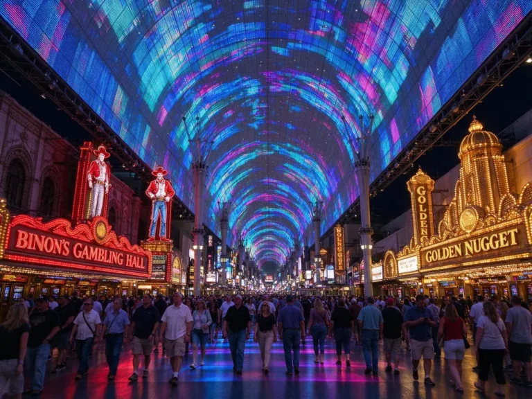 The illuminated canopy over the Fremont Street Experience pedestrian mall in downtown Las Vegas at night