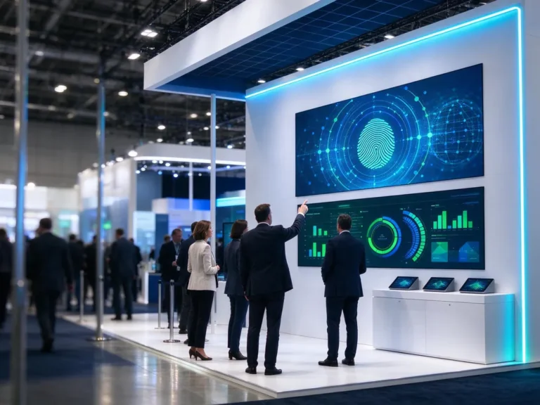 Trade show booth displaying fraud risk scoring dashboards at an iGaming exhibition
