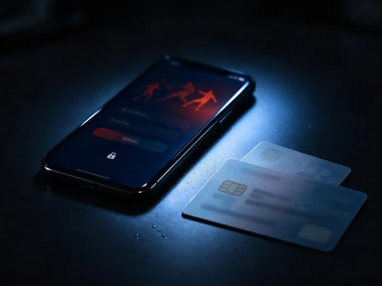 Betting app login screen next to an ID card and bank card, illustrating gambling account identity theft risk