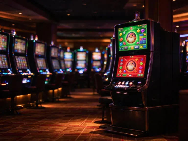 A new themed slot machine cabinet lit up on a casino floor among rows of other slots