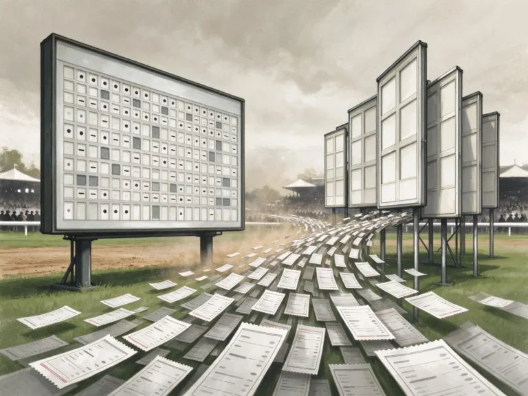 Illustration contrasting a single pari-mutuel tote board with multiple competing bookmaker odds boards for the same horse race
