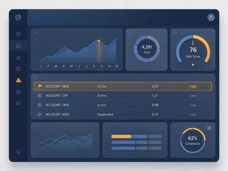 Abstract illustration of a betting account monitoring dashboard showing risk scores and flagged activity