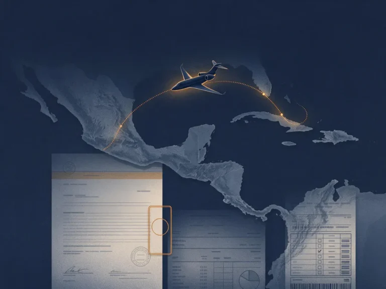 Illustration of a private jet crossing from Brazil toward Florida above layered legal and banking documents