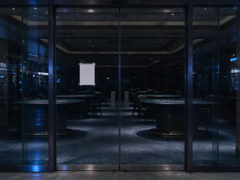 Darkened casino gaming floor behind closed glass doors with an official notice posted at the entrance