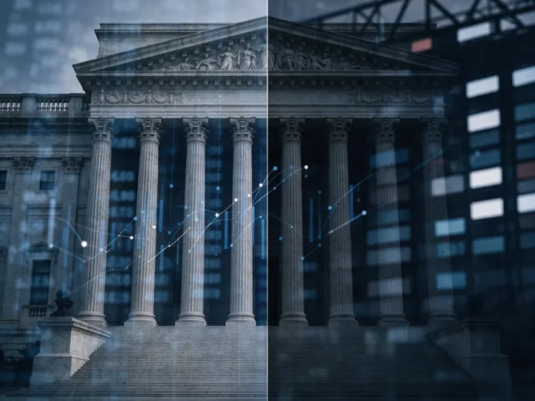 Courthouse imagery split between a financial exchange ticker and a sports scoreboard, representing the Kalshi Louisiana lawsuit