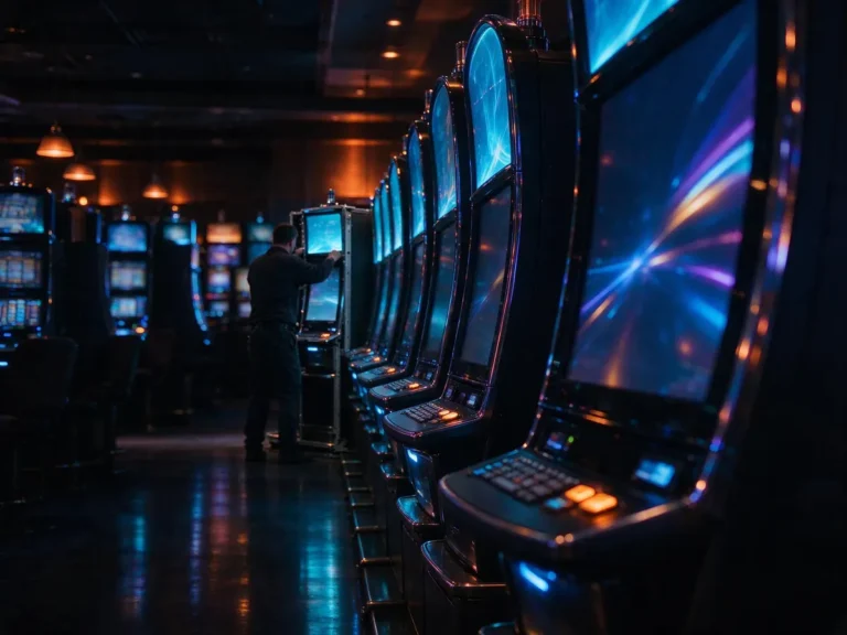 Row of modern slot machine cabinets on a casino floor with a new unit being installed