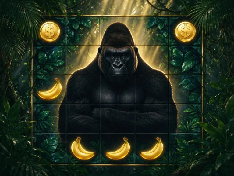 Jungle-themed slot grid with a giant gorilla covering multiple symbol positions beside cash and banana symbols