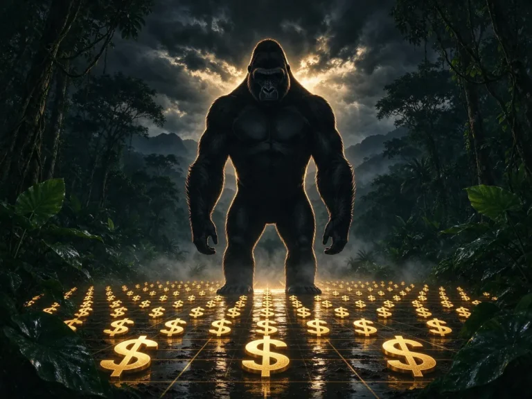 Illustration of a giant gorilla expanding across a glowing slot grid of cash symbols