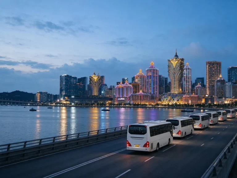Tour coaches queued on a border approach road with Macau's casino resort skyline lit up behind