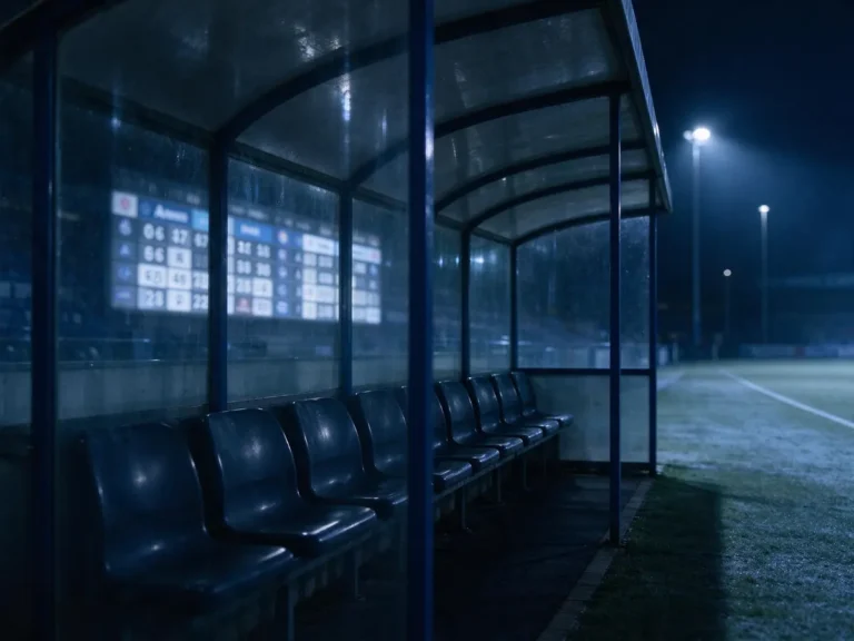 Empty football dugout with blurred betting odds display in the background