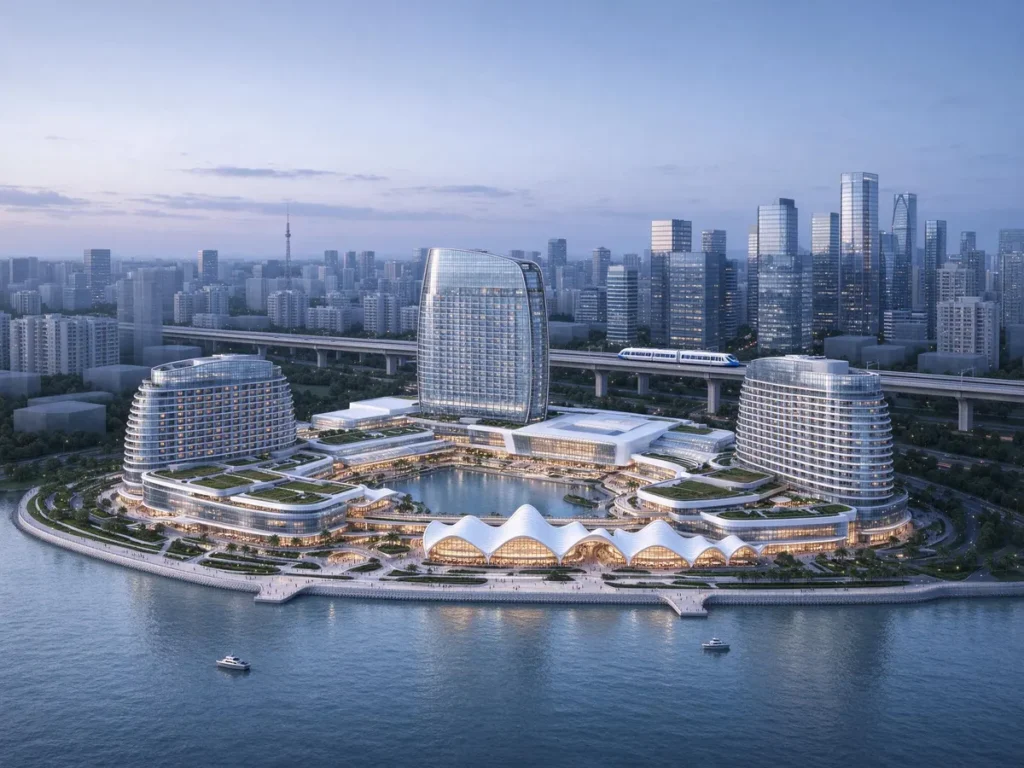 Illustration of a large integrated resort on a bay island connected to a city by rail, representing MGM Osaka
