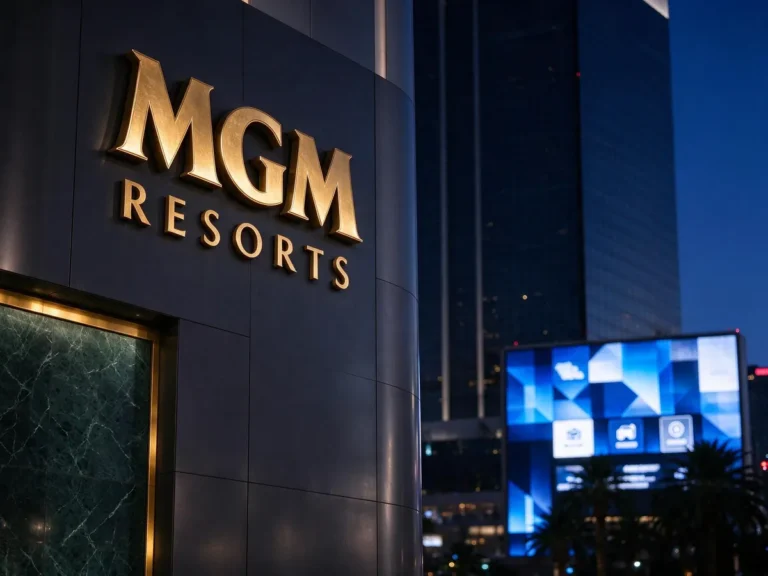 MGM Resorts corporate signage on the Las Vegas Strip at dusk