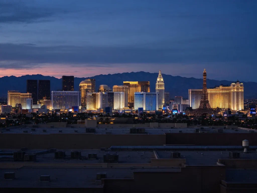 The Las Vegas Strip skyline at dusk, illustrating Nevada's monthly casino revenue report