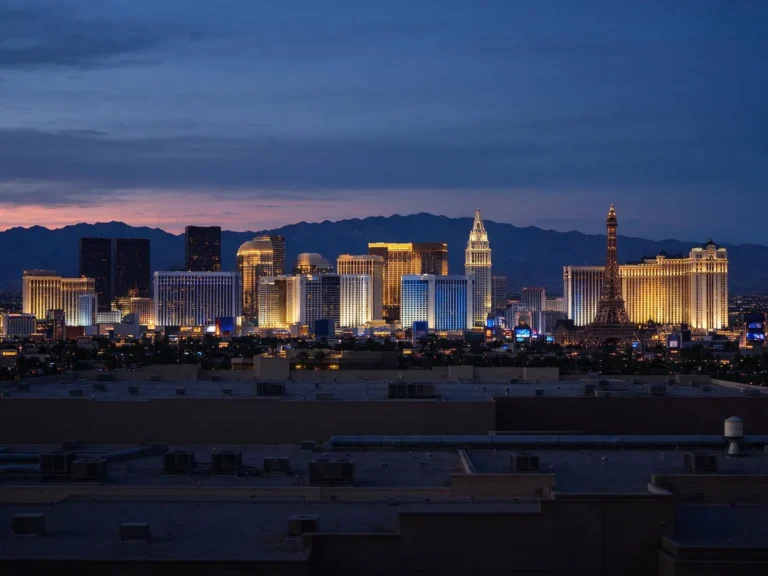 The Las Vegas Strip skyline at dusk, illustrating Nevada's monthly casino revenue report