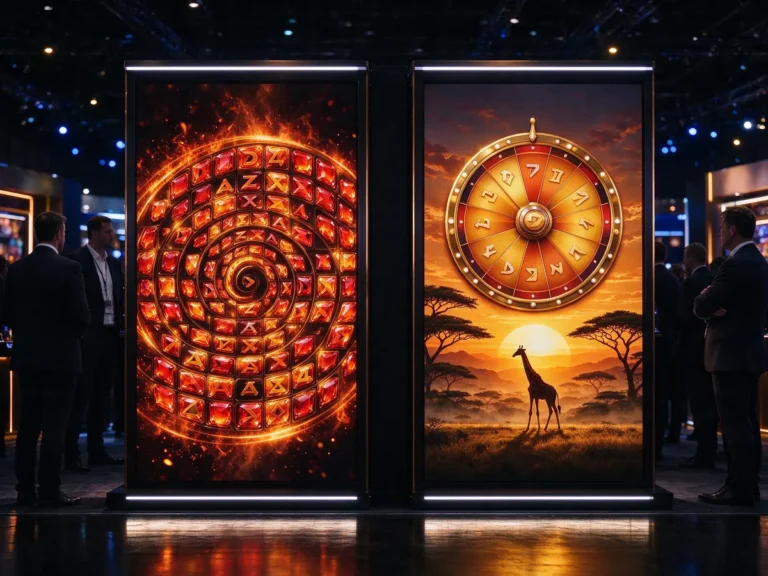 Two slot demo screens at an iGaming trade show stand, one showing a spiral grid and one a savannah-themed prize wheel