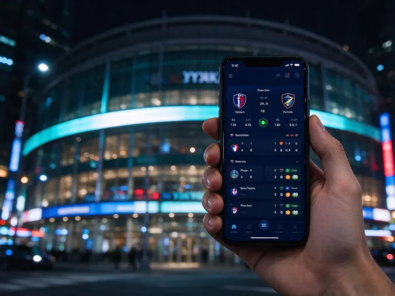 Mobile sports betting app used outside a New York arena at night