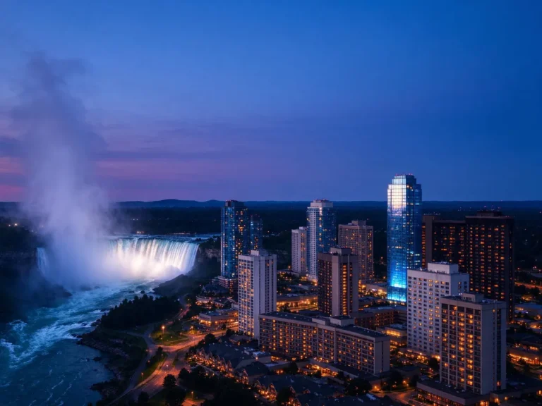 Niagara Falls skyline at dusk with hotel and casino resort towers on the Canadian side