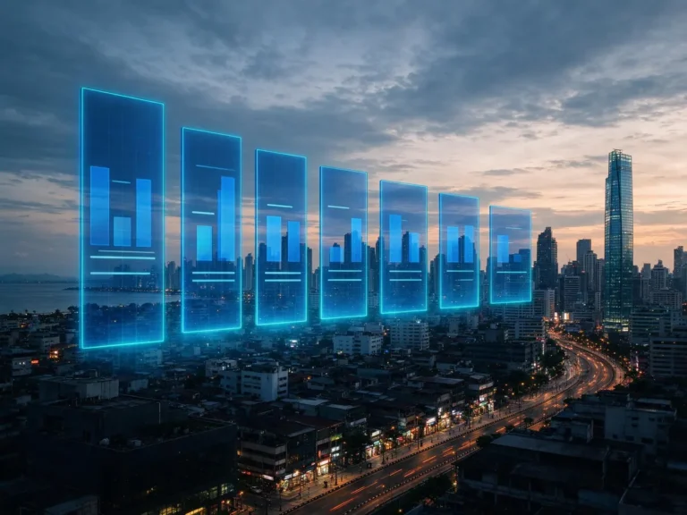 Falling bar chart over a Manila skyline illustrating Pagcor's e-gaming revenue decline