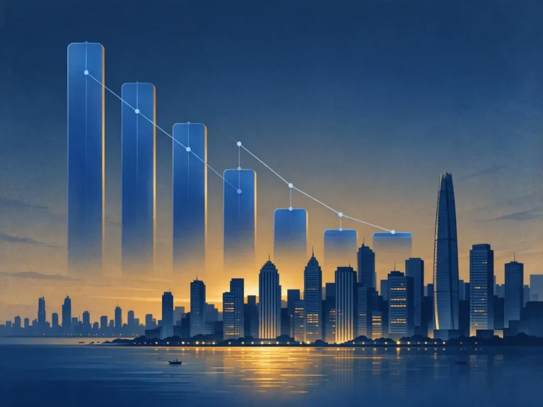 Declining revenue chart over a Manila skyline representing PAGCOR's nine-month revenue fall