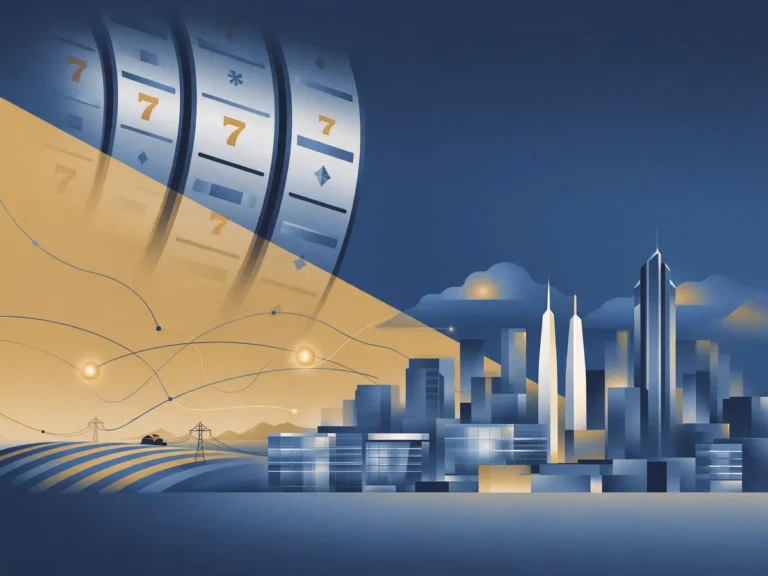 Illustration linking slot game reels to an Alberta skyline, representing a content provider entering the province's regulated igaming market