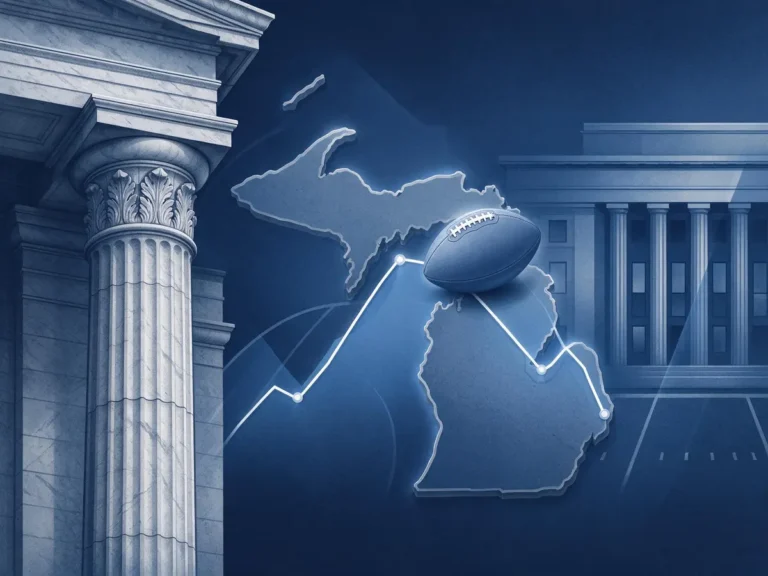 Illustration of Michigan state outline with a trading chart and courthouse columns representing the Polymarket sports event contracts agreement