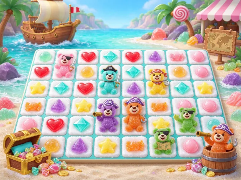 Gummy pirate characters on a candy-themed slot grid with a treasure chest of sweets