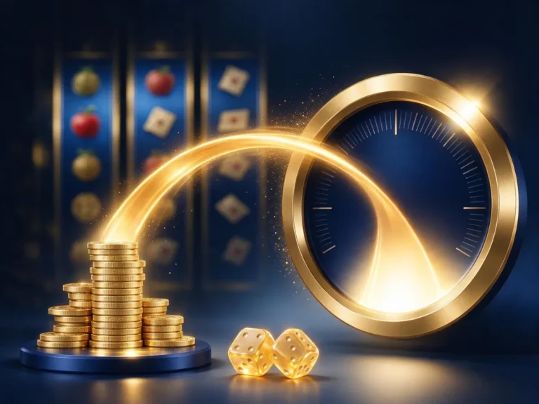 Illustration of coins feeding a progressive jackpot meter beside dice and slot reels