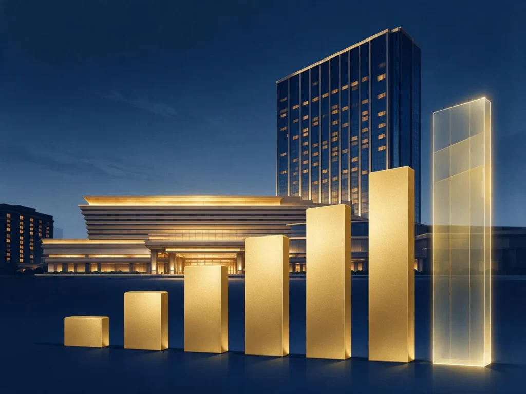 Casino resort silhouette behind a financial bar chart illustrating adjusted EBITDA in casino earnings