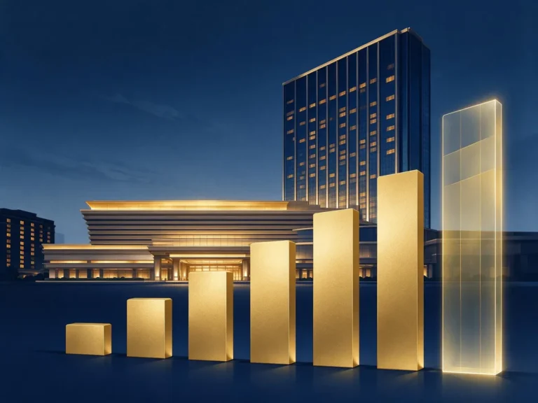 Casino resort silhouette behind a financial bar chart illustrating adjusted EBITDA in casino earnings