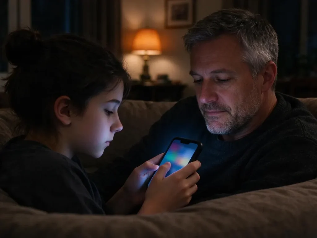 A teenager on a smartphone at home with a parent sitting nearby, illustrating adolescent gambling exposure
