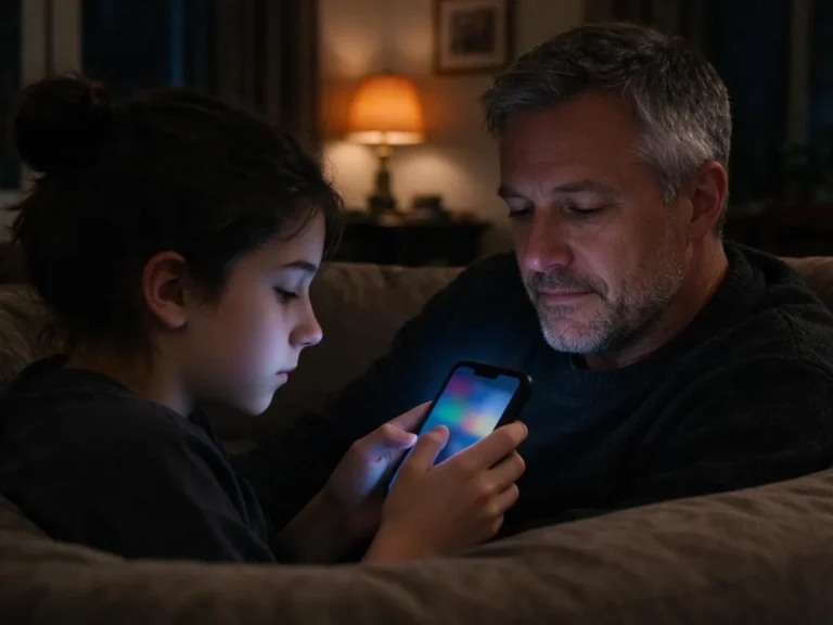 A teenager on a smartphone at home with a parent sitting nearby, illustrating adolescent gambling exposure