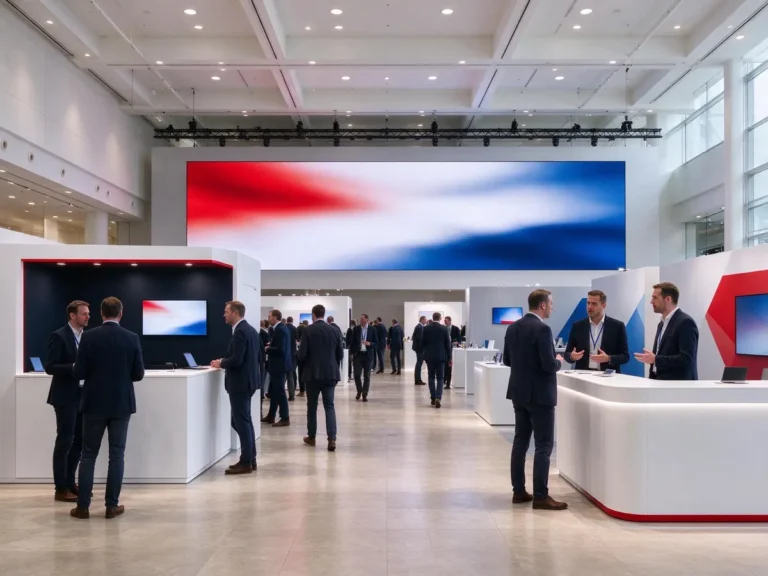 Delegates networking at an iGaming trade show with Dutch-themed digital signage in the background