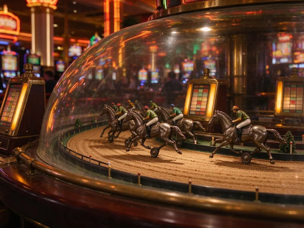 Miniature mechanical horses on the oval track of a Sigma Derby style casino game surrounded by lit betting stations